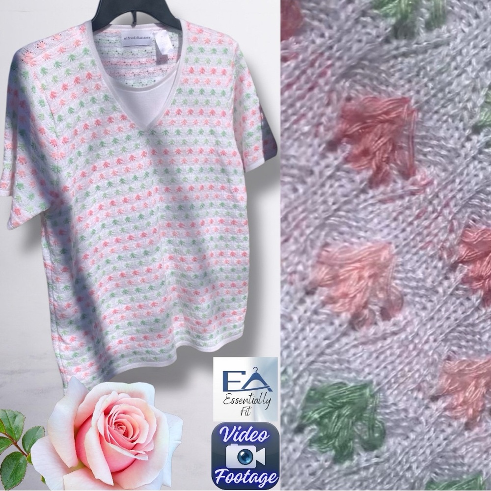 Alfred Dunner M Pink Green Pointelle Knit Top Grandmacore Spring